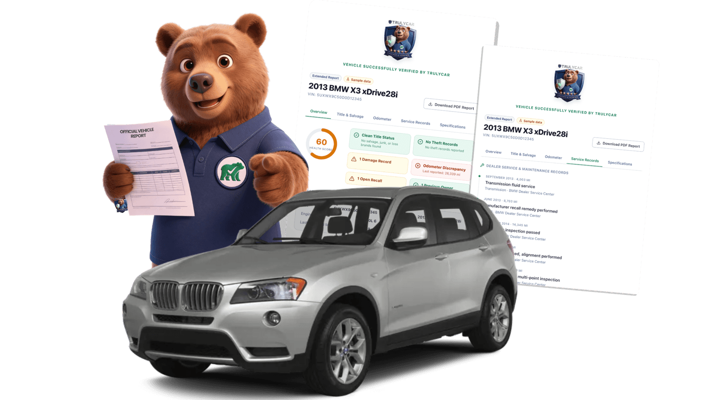 TrulyCar mascot presenting a verified vehicle history report next to an SUV