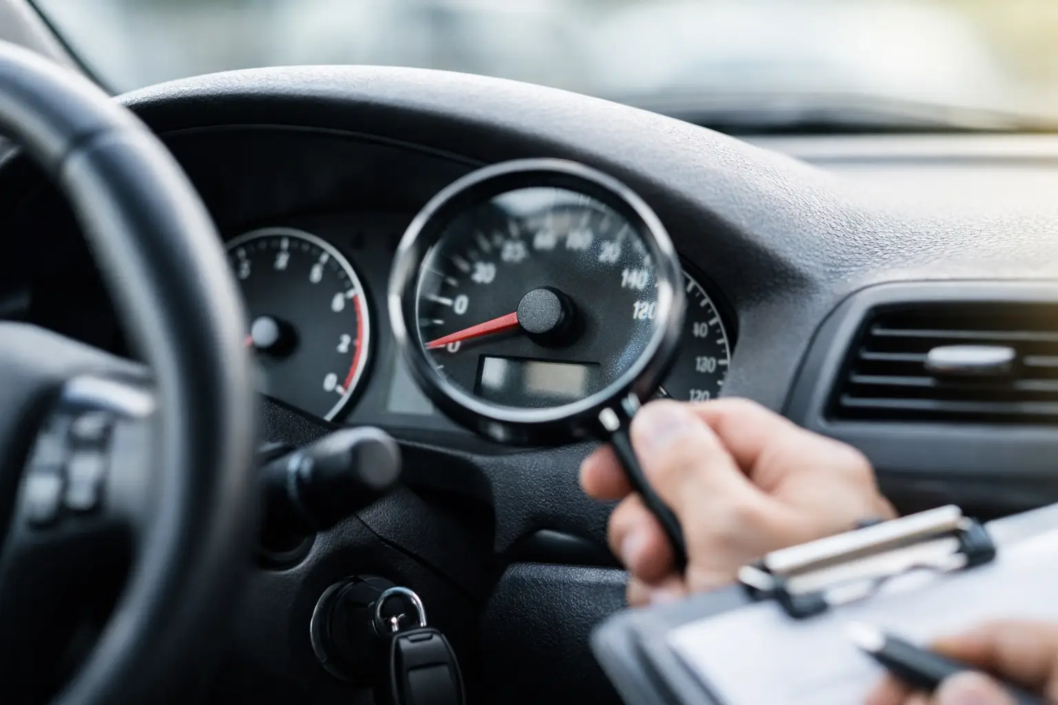 Worn steering wheel and pedals contradicting a low odometer