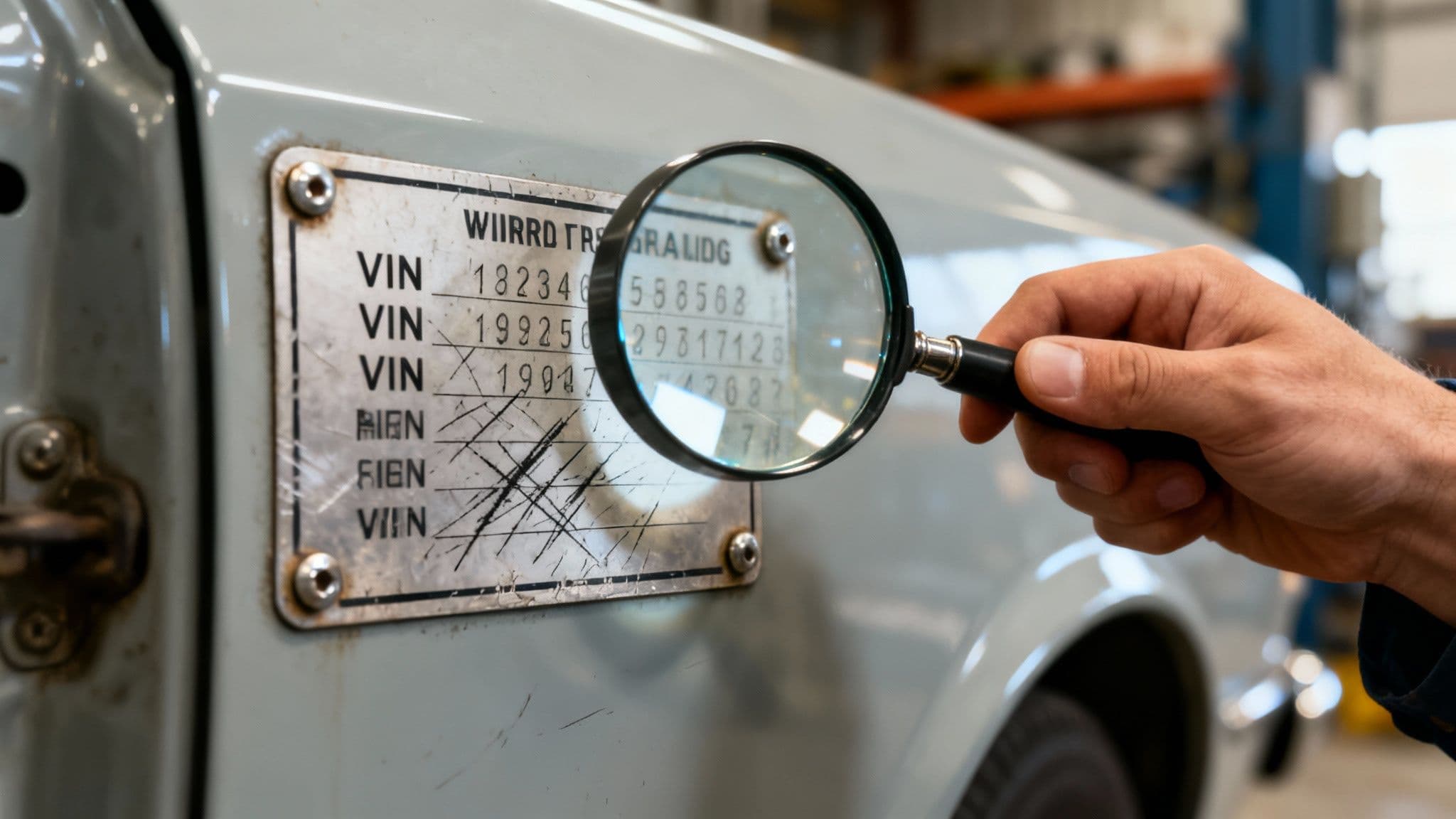 Tampered VIN plate rivets on a cloned vehicle